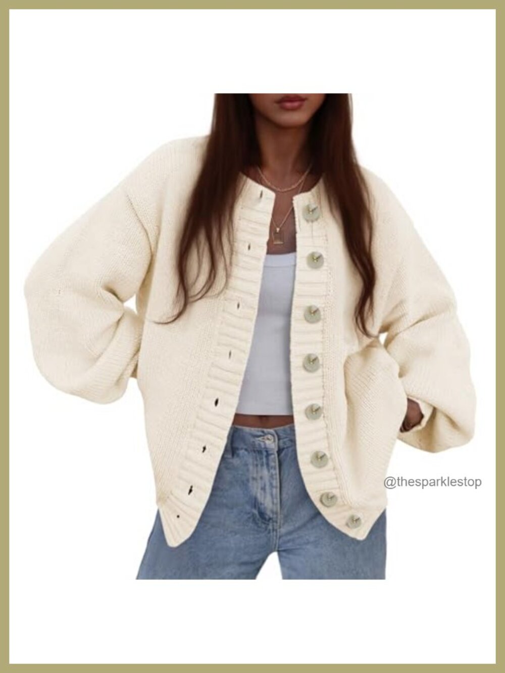 Chunky Ribbed Knit Button Up Cardigan Sweater Loose Fit Lantern Sleeve